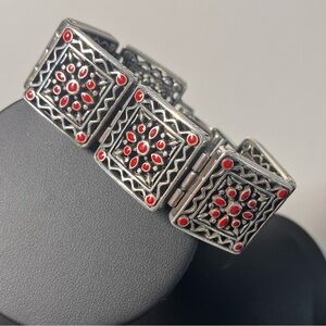 Brighton Silver-tone Bracelet with Red Accents. Six Square Panels